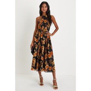 Lulus Charming Vision Black Floral Swiss Dot Lurex Halter Midi Dress - Size S